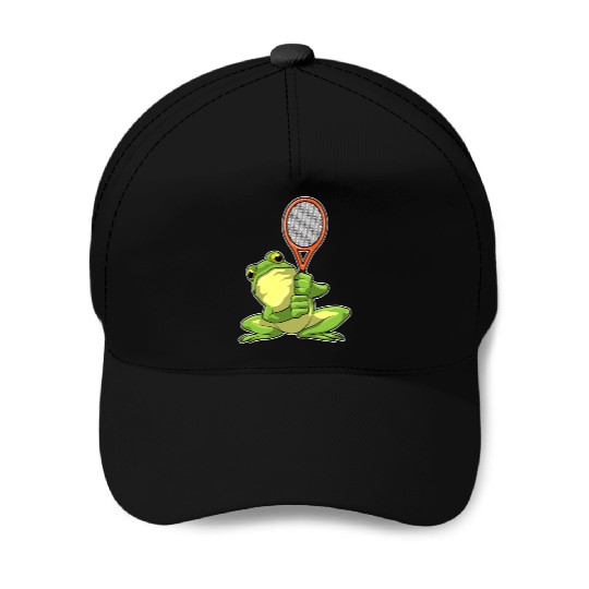 Frog At Tennis With Tennis Racket Baseball Caps
