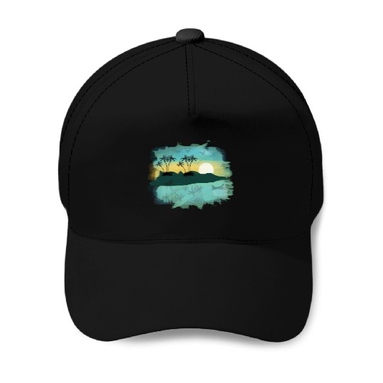 Beach Sunset Watercolor Design Sublimation Art 2 Baseball Caps