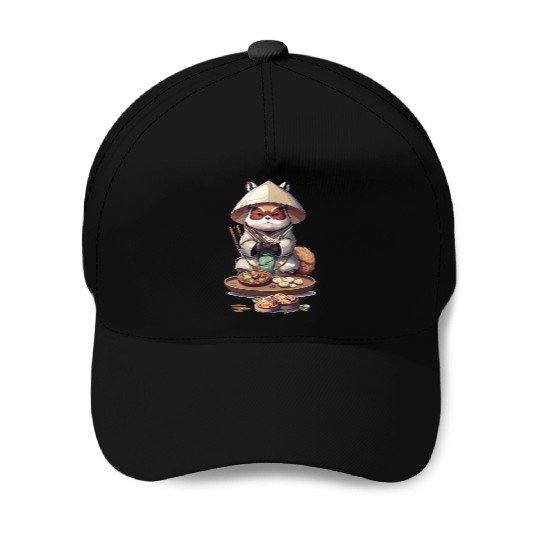 Tanuki Warrior Eat Sushi Baseball Caps