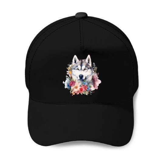 Siberian Husky Dog Watercolor Floral Baseball Caps