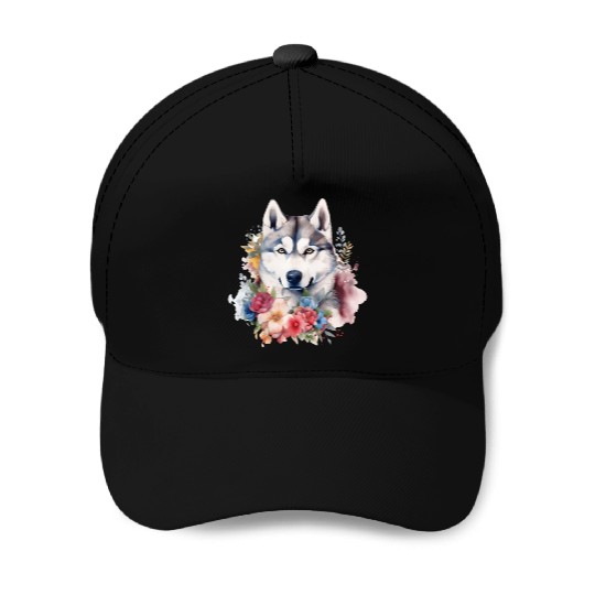 Siberian Husky Dog Watercolor Floral Baseball Caps