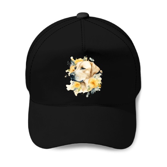 Yellow Lab Dog Watercolor Floral Baseball Caps