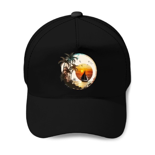 Beach Sunset Sailboat Palm Trees Ocean Vacation 2 Baseball Caps