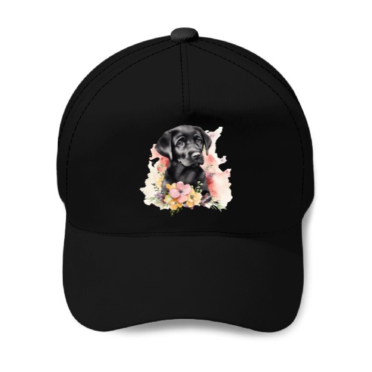 Black Lab Dog Watercolor Floral Baseball Caps