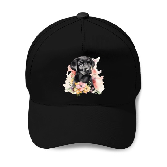 Black Lab Dog Watercolor Floral Baseball Caps