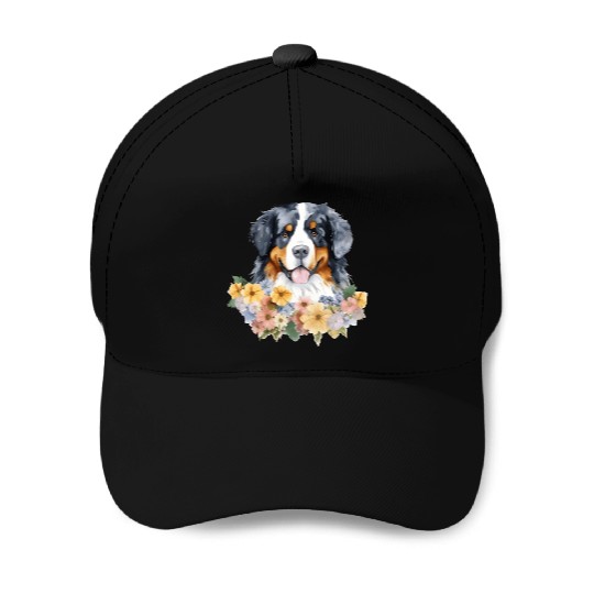 Bernese Mountain Dog Watercolor Floral Baseball Caps