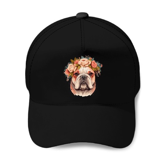 Cute Bulldog Flower Crown Pet Dog Breed Puppy Baseball Caps