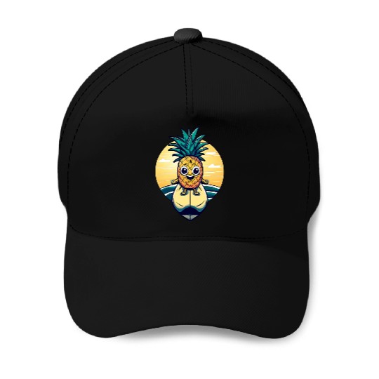 Kawaii pineapple on at sunset Baseball Caps