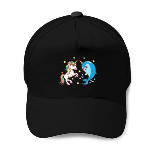 Cute Funny Horned Narwhal And Unicorn Friends Baseball Caps