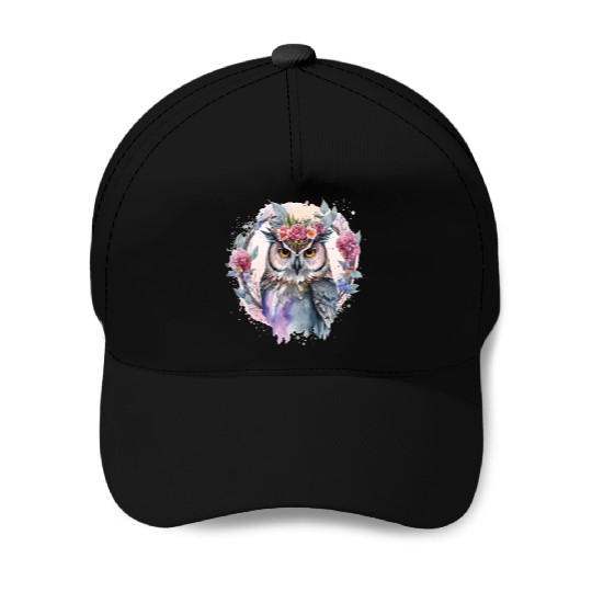 Watercolor Owl Flower Crown Artistic Floral Birds Baseball Caps
