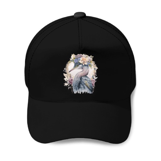 Watercolor Heron Freshwater Bird Watching Flower C Baseball Caps