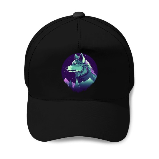 Starry Night Wolf With Northern Light Colors Baseball Caps