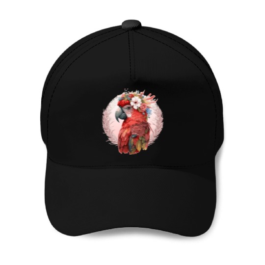 Red Scarlet Macaw Flower Crown Parrot Watercolor B Baseball Caps