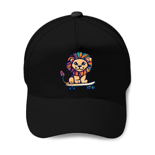 Cubist lion on skateboard Baseball Caps