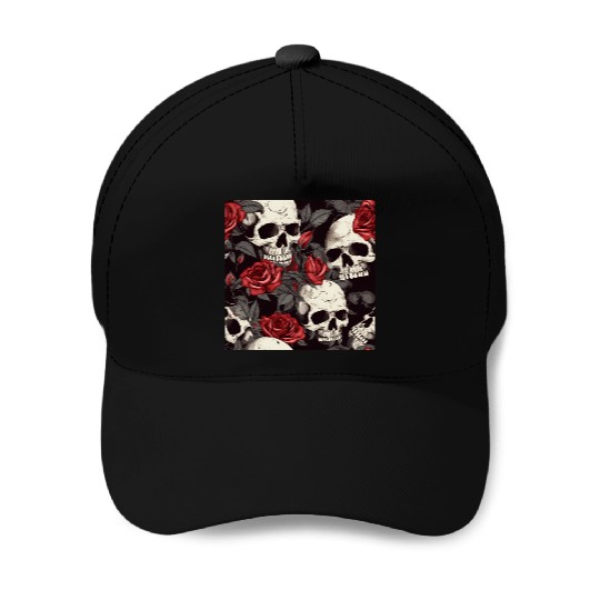Dark Pattern Skulls & Red Roses Elegant Gothic Baseball Caps