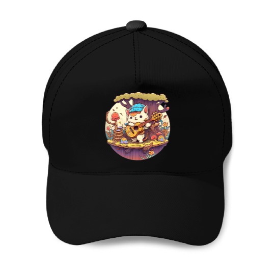 Cute Kawaii Cat Playing Guitar Banjo On Log Baseball Caps
