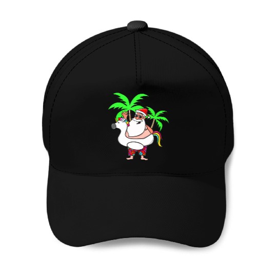 Christmas In July Santa on Vacation Unicorn Pool Baseball Caps