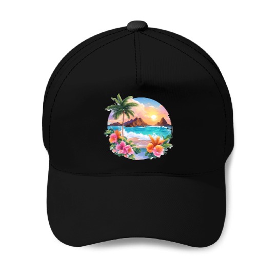 Tropical Serenity: Majestic Palm Tree and Sunset Baseball Caps