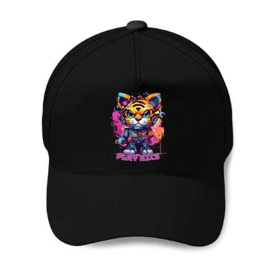 Play Nice Baseball Caps: Robot Tiger Synthwave Graffiti Kids
