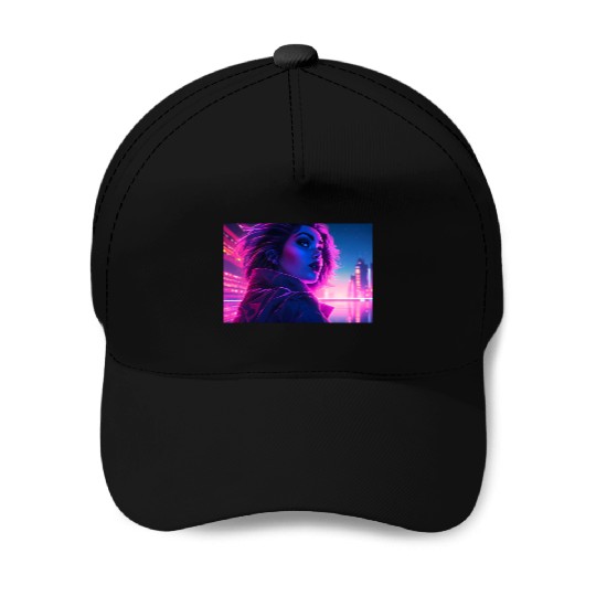 Synthwave Girl - Futuristic Design neon colors Baseball Caps