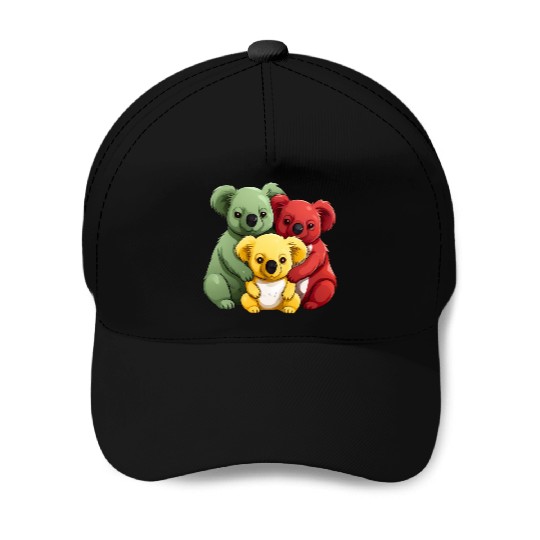 Colorful Koala Family, Red, Yellow and Green Baseball Caps