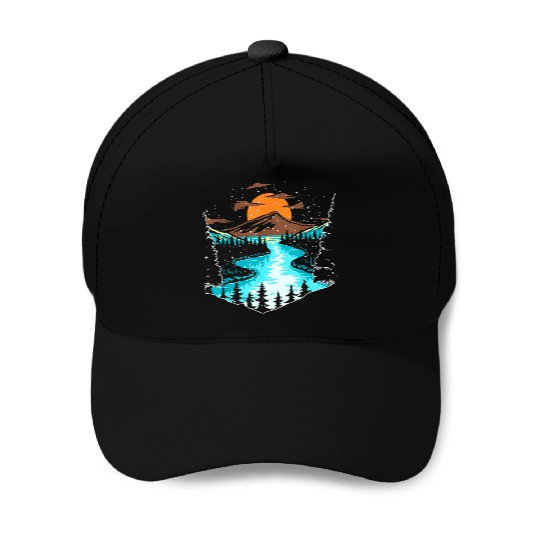 Wildlife Mountain River Outdoor Nature Full Moon Baseball Caps