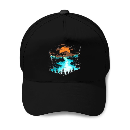 Wildlife Mountain River Outdoor Nature Full Moon Baseball Caps