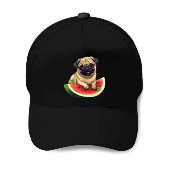 Pug with Melon, Funny Summer Design for Dog Lovers Baseball Caps