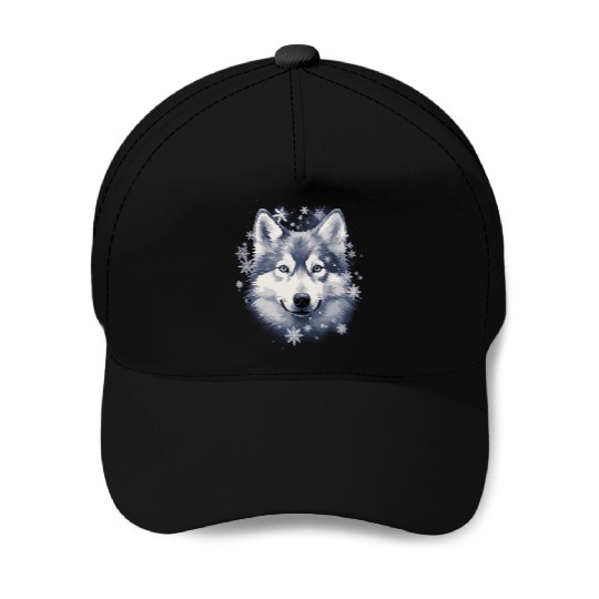 Husky dog and snowflakes Baseball Caps