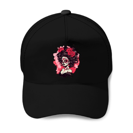 Dia de los muertos woman sugar skull with flowers Baseball Caps