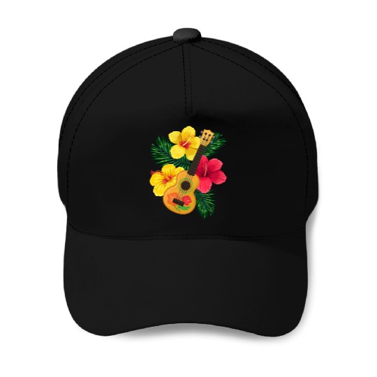 Hawaii Ukulele and Hibiscus Flowers Summer Baseball Caps