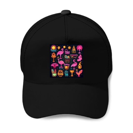 Neon Nightscape: Tropical Flamingos and Eclectic N Baseball Caps