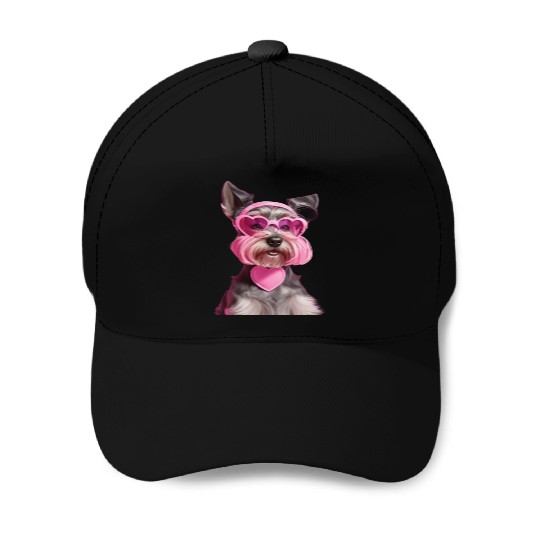 Miniature Schnauzer Wearing Pink Heart Collar Baseball Caps
