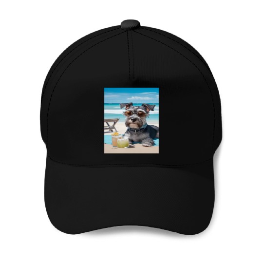 Schnauzer Chilling at the Beach with a Drink Baseball Caps