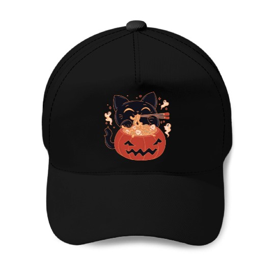 Kawaii Creepy black Cat Eating Ramen Noodles Baseball Caps