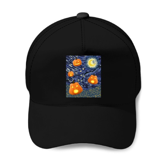 Starry Night with Pumpkins Funny Halloween Art Baseball Caps