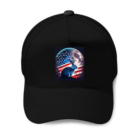 America rabbit under Moon with American Flag Baseball Caps