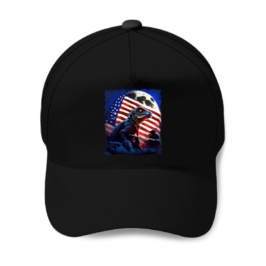 America lizard under Moon with American Flag Baseball Caps