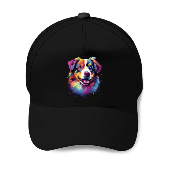 Watercolor Colorful Australian Shepherd Baseball Caps