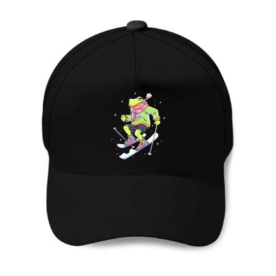 Frog Skiing Skier Ski Winter Snow Baseball Caps