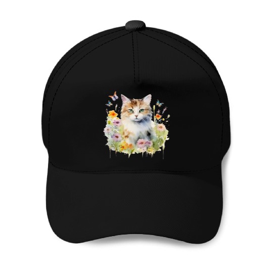 CAT Watercolor Flowers Butterflies Baseball Caps