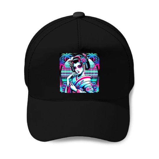 Japan Geisha Retrowave Synthwave Cyberpunk Baseball Caps