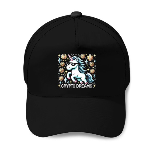 Crypto Dreams - 8-bit Unicorn Amidst Digital Coins Baseball Caps