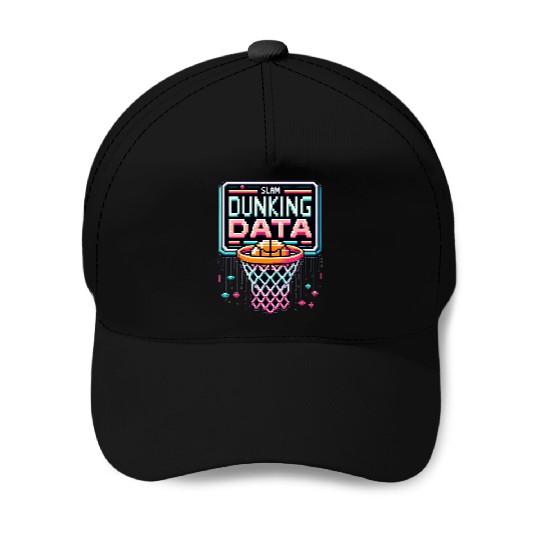 Slam Dunking Data - Retro 8-bit Basketball Hoop Baseball Caps