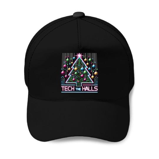 Tech the Halls - Christmas Tree in 8-bit Neon Baseball Caps