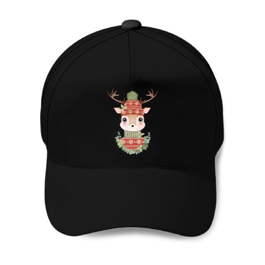 cute deer with sweater and Christmas wreath Baseball Caps