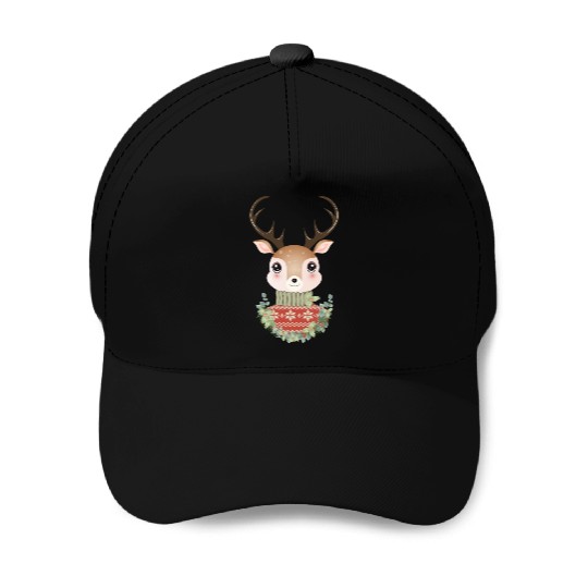 cute deer with sweater and Christmas wreath Baseball Caps