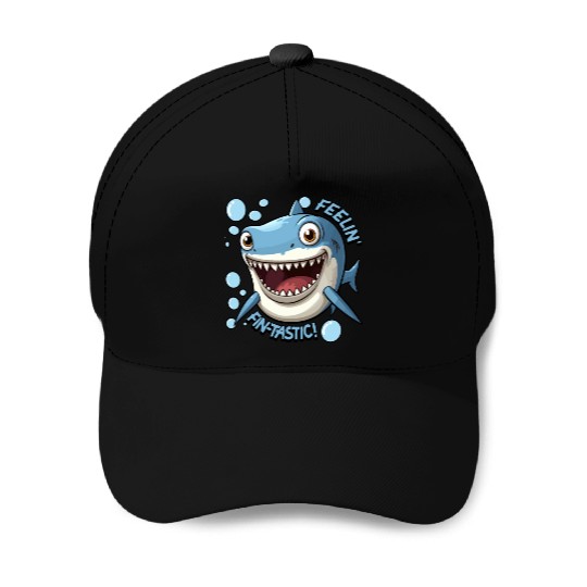 Funny Happy Cartoon Shark Feelin Fin-Tastic Baseball Caps