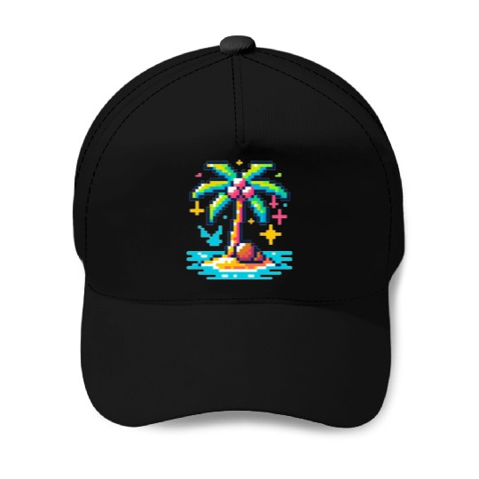 Digital Beach Getaway: Pixel Palm Paradise Baseball Caps