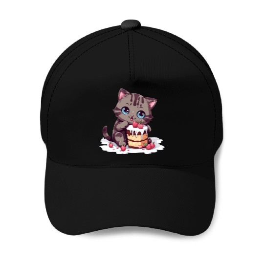Cherry Cake Delight: Sweet Comic Cat Indulges Baseball Caps